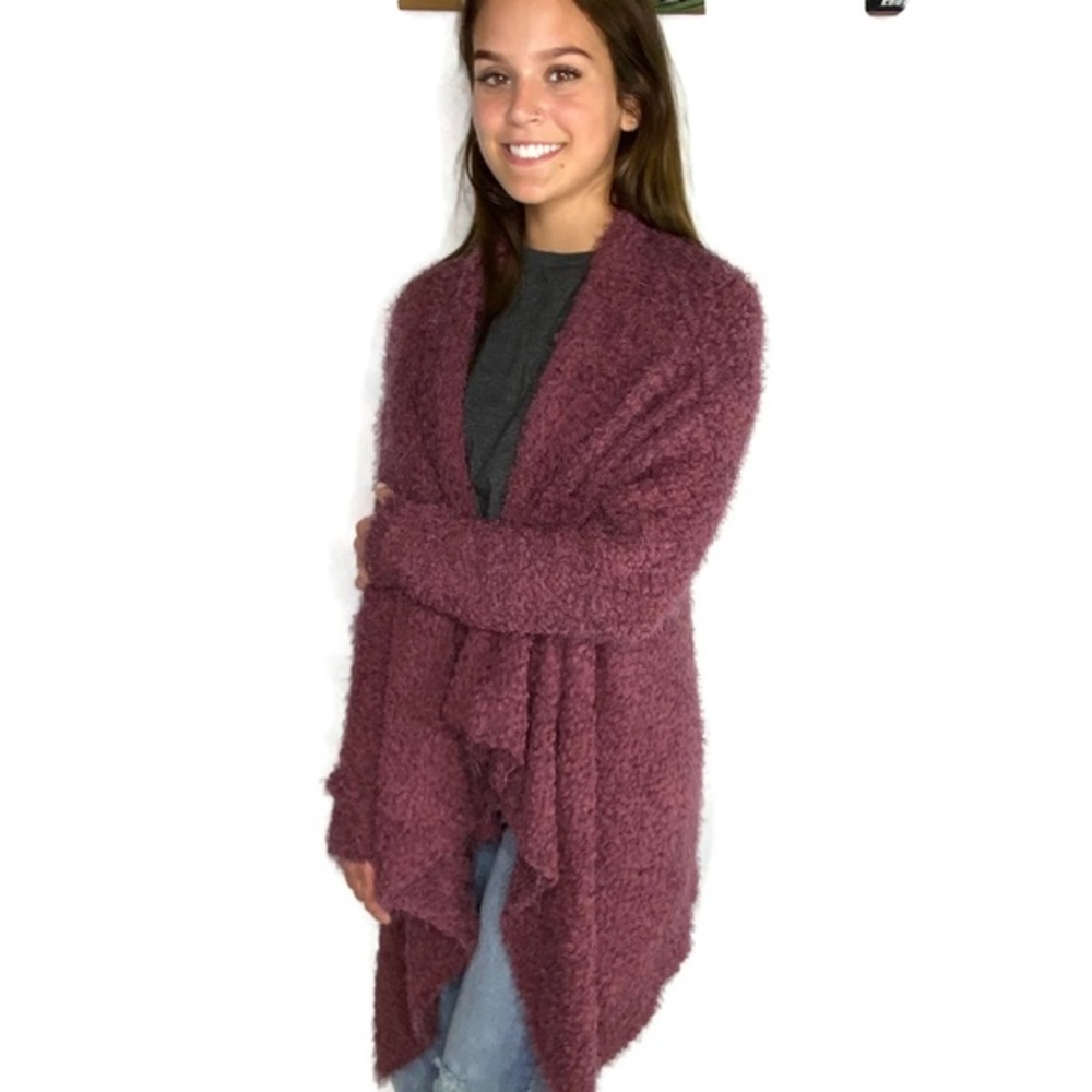 Umgee Oversized Fuzzy Burgundy Wrap Sweater Small